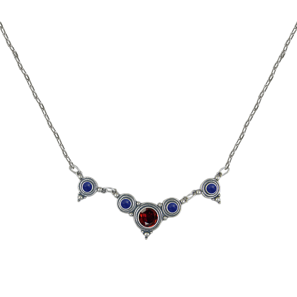 Sterling Silver Gemstone Necklace With Garnet And Lapis Lazuli